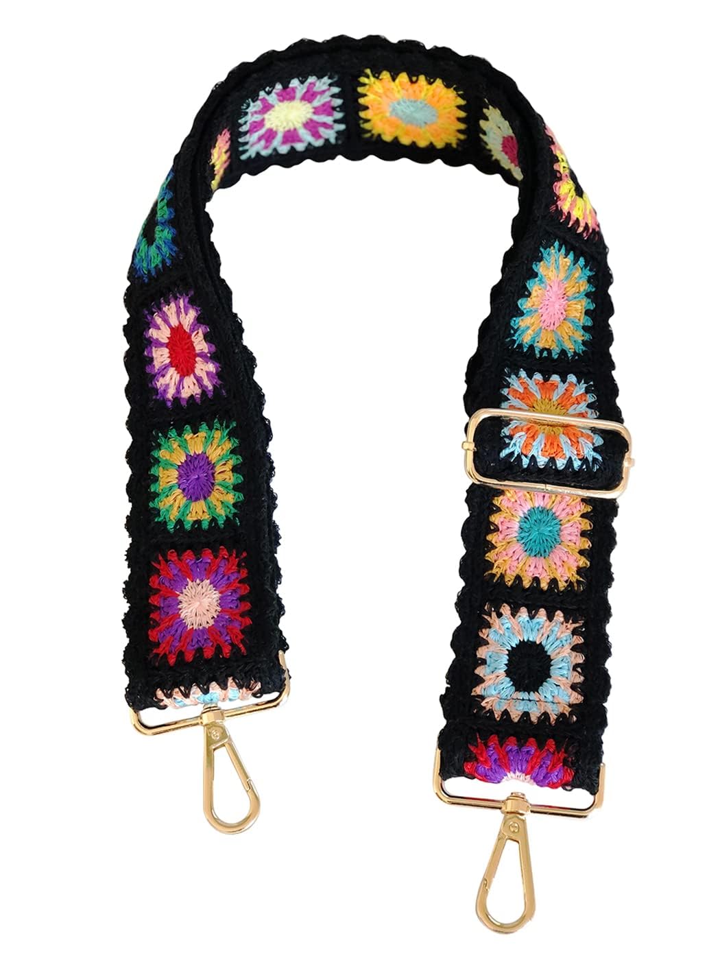 Vintage handmade crochet Flower Straps Replacement Crossbody for Handbags Straps,2 inch Wide Women Guitar Strap Adjustable Straps (Black), fully adjustable from 27.5-48 inches