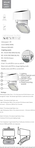 Miniatura 8 de Luz solar de pared para exteriores, doble CCT 3000K 4000K iluminación solar de seguridad, cabeza ajustable de 180, sensor de movimiento solar de luz