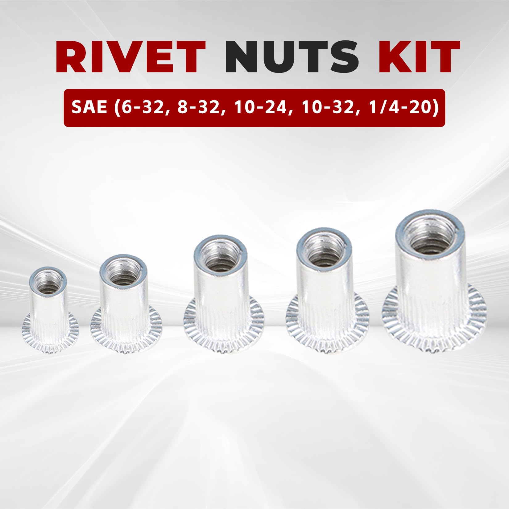 Kit de 150 Tuercas remachables SAE (6-32, 8-32, 10-24, 10-32, 1/4-20) de Aluminio, con Cabeza Plana y Rosca. Surtido de Tuercas remachables.