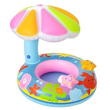 Breewell Inflatable Baby Water Float PVC Seat Boat Pool Toy Toddler Swimming Ring with Umbrella Sun Protection