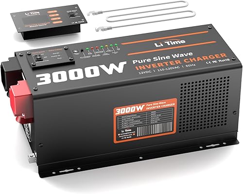 LiTime Cargador inversor de onda sinusoidal pura de 3000 W, inversor de 12 V CC a 120 V CA con panel remoto LCD, corriente de carga ajustable de 5 A