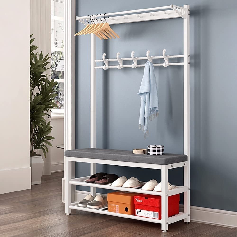 Appendiabiti da Ingresso Indipendente con Panca, 3 in 1, Panca per Scarpe, Organizer con 3 Ganci e Panca portaoggetti, Si Adatta al Tuo corridoio, Camera da Letto, Facile da Montare, 100 x