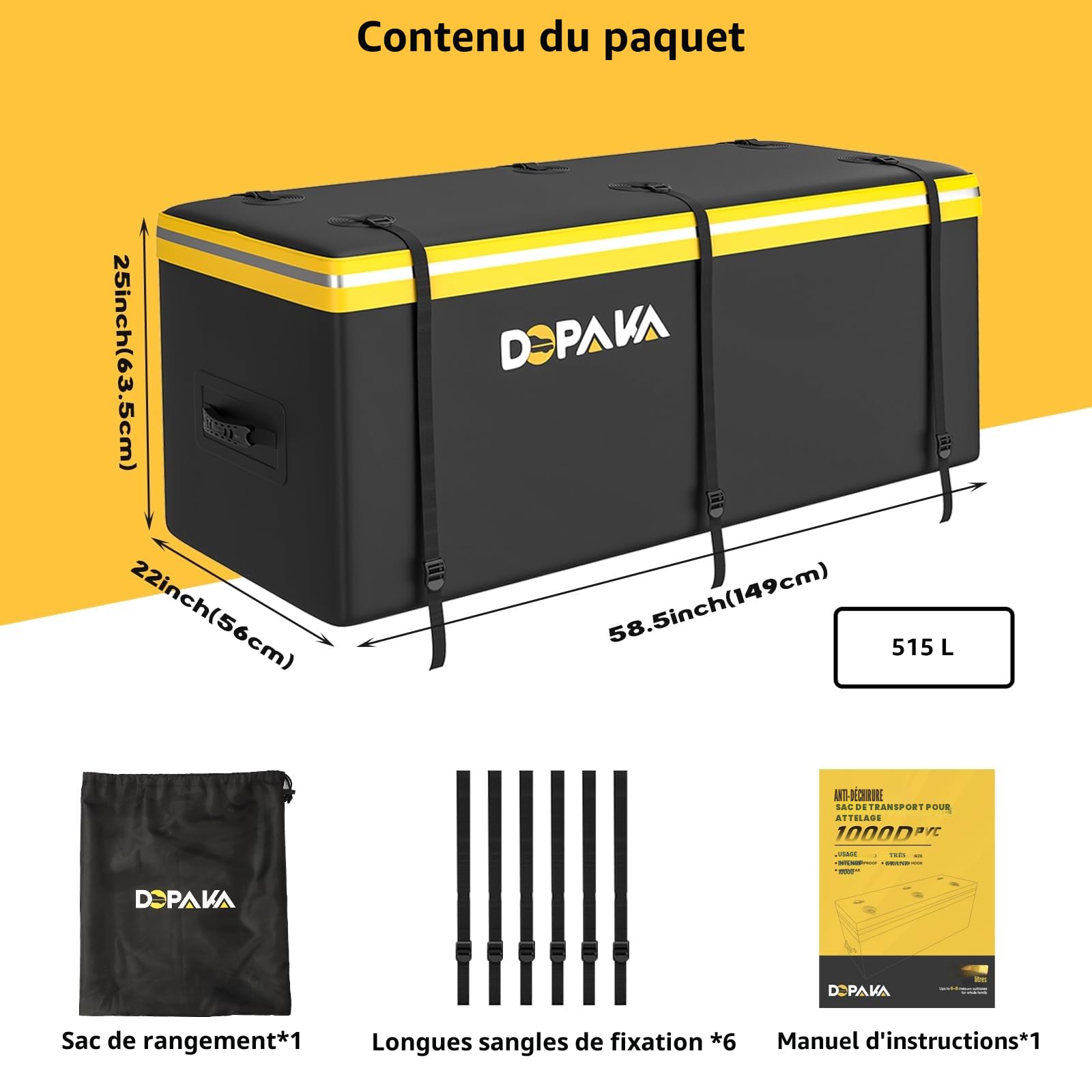 Coffre arrière étanche Sac de Transport pour attelage de remorque de Voiture-Sac à Bagages Extensible 18.2 Pieds Cubes 58.5" x 22" x 25"Sac de Transport pour l'attelage Comprend 6 Sangles renforcée