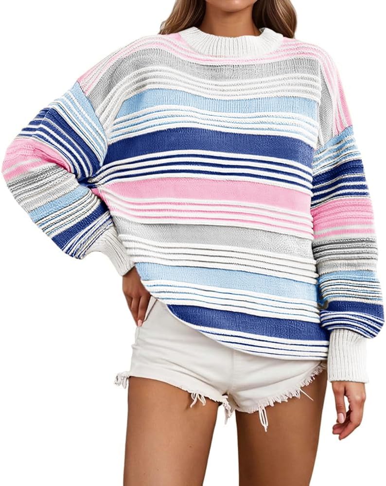 Saodimallsu Womens Striped Sweater Color Block Crew Neck Long Sleeve Fall Colorful Rainbow Knit Loose Pullover Top - Image 2