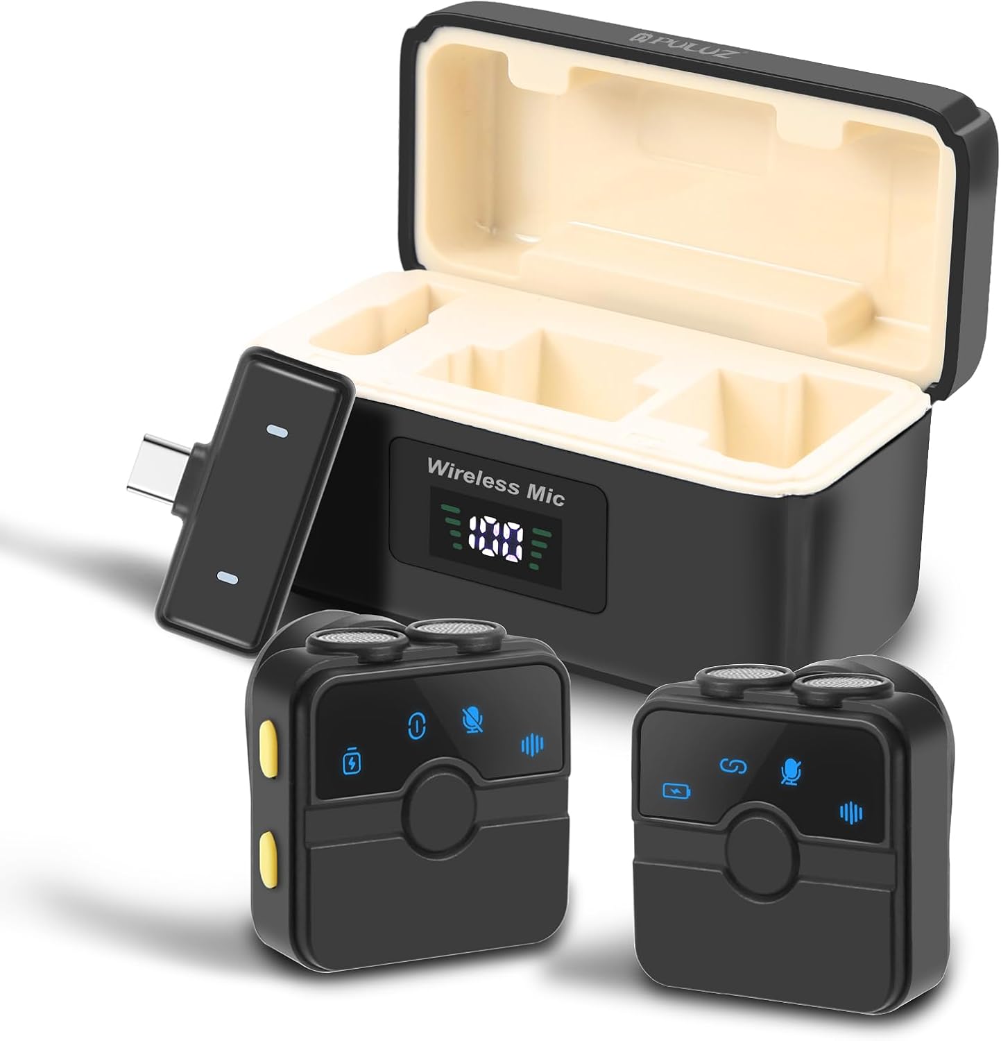 PULUZ Wireless Lavalier Microphone for iPhone/Android (USB C), Magnetic Clip Mini Microphone with Charging Case, Noise Canceling, 48khz Recording, Clip on Lapel Mic for Video Recording Vlog