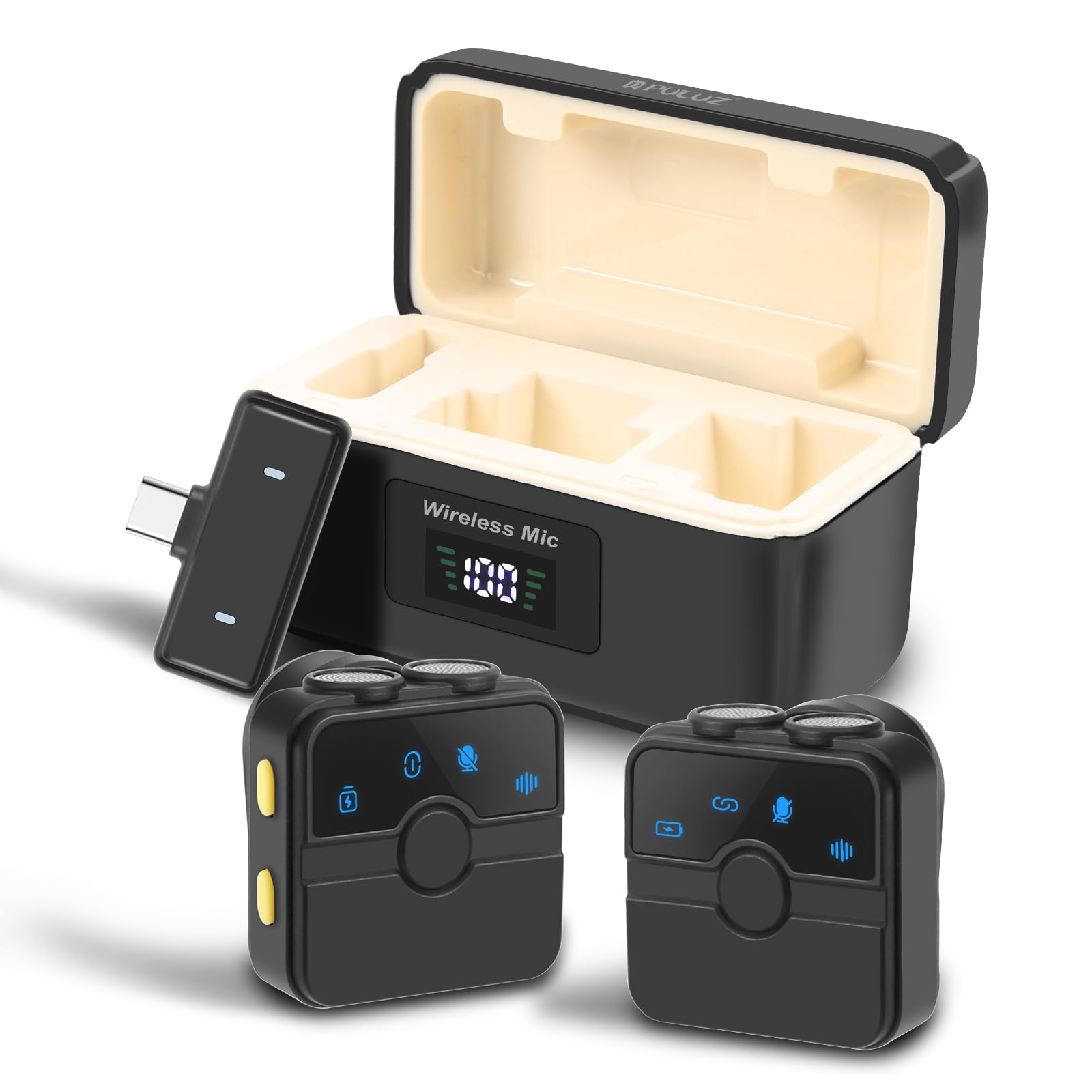 Image demonstrating the plug-and-play connection of the PULUZ wireless microphone receiver into a smartphone's USB-C port.