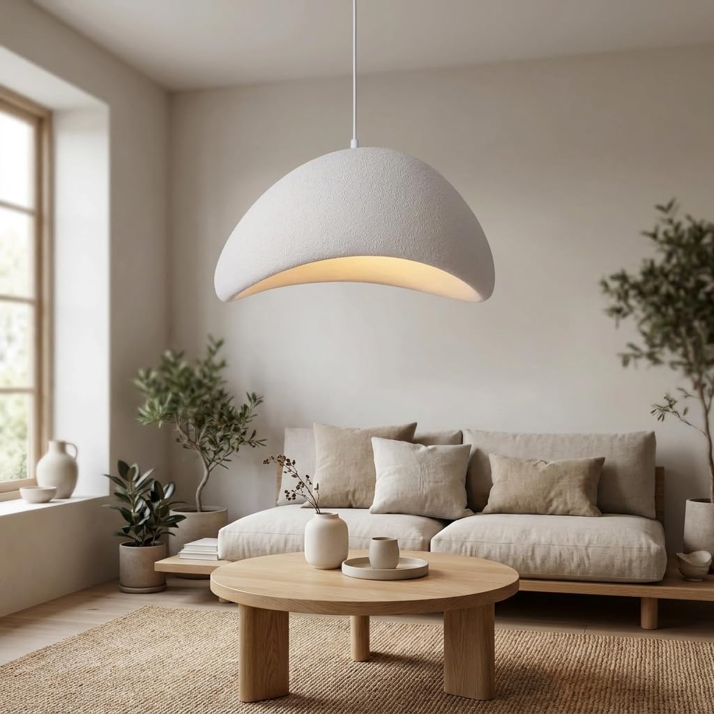 BARCELONA LED Duża Lampa Wisząca Wabi Sabi Ø50cm, Lampa Sufitowa z Teksturowanej Żywicy, Oprawa E27 w Stylu Japandi Boho Minimalistycznym do Salonu, Jadalni i Sypialni