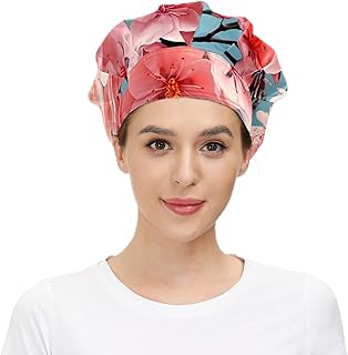 IOACIY Working Cap with Sweatband Elastic Toggle Adjustable Bouffant Hats Printed for Woman Man, One Size Fit All, Cute Peach Blossom (16)