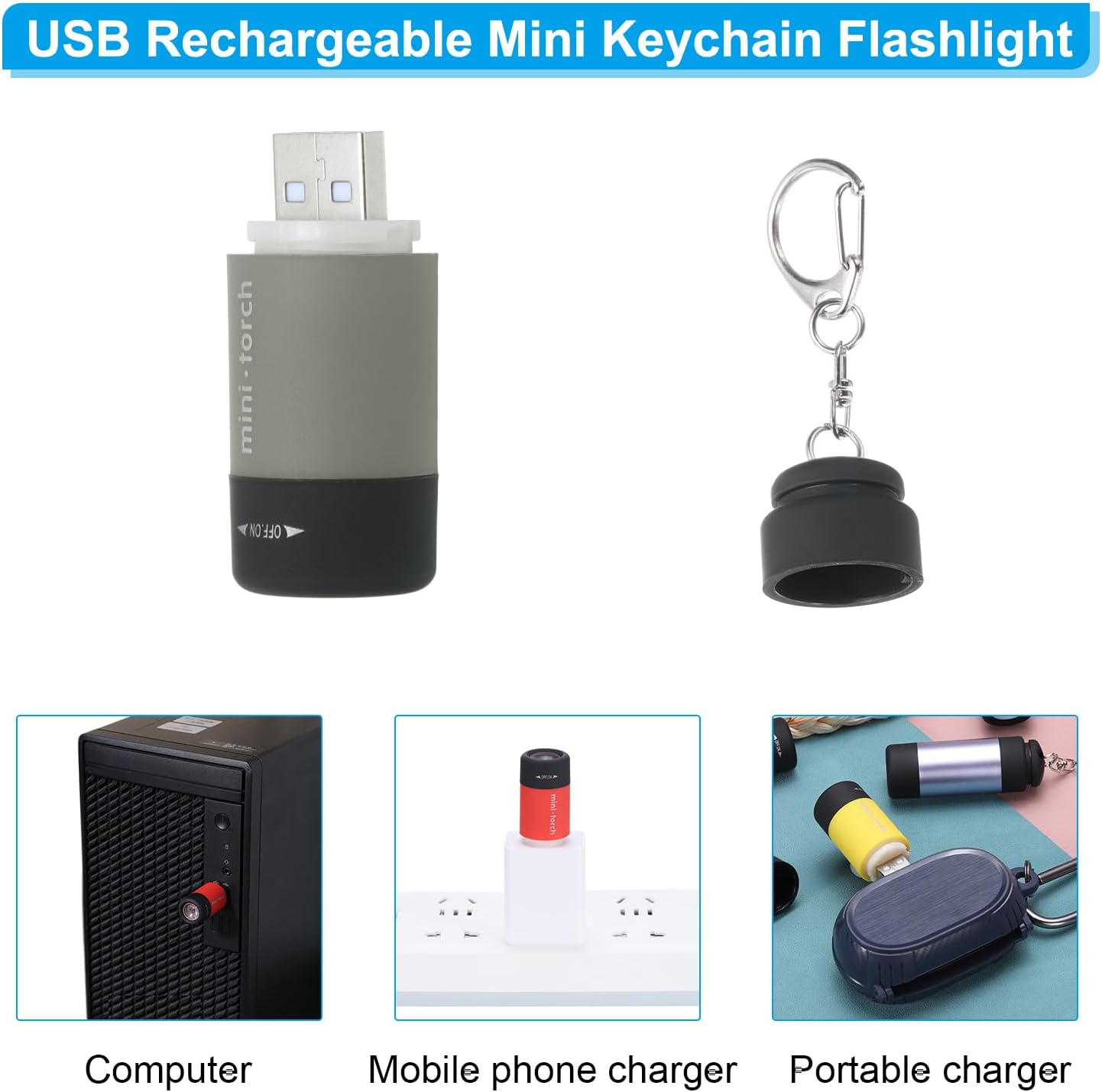 PATIKIL Mini Keychain Flashlight, Pocket LED Flashlight Portable Torch USB Rechargeable for Outdoor Camping Party, Grey