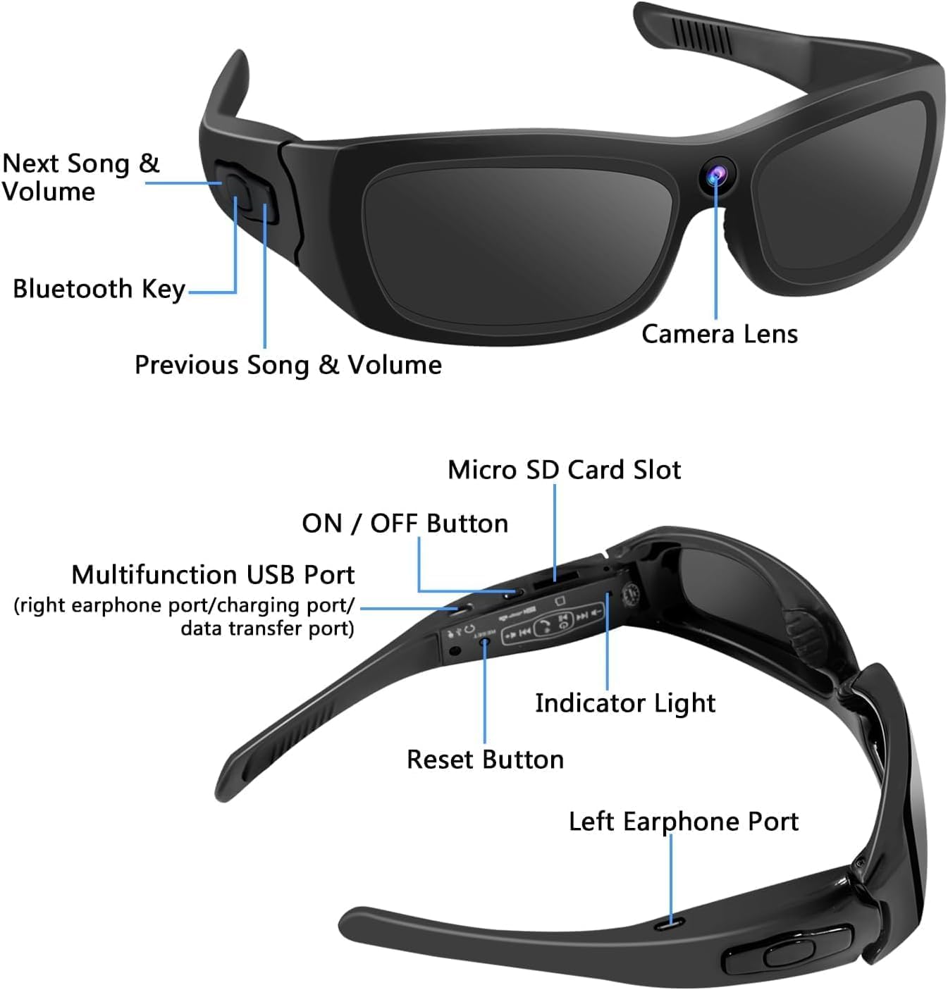 Sunglasses Camera HD 1080P Sport Camera, Sunglasses Videocamera, Bluetooth Sunglasses Cycling Sport Video Camera with Loop Recording and Earphones