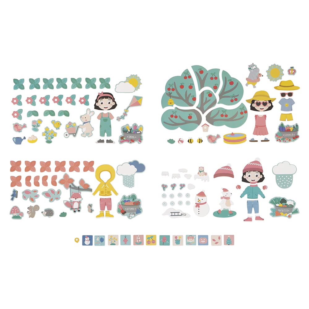 Janod - Calendario delle Stagioni - Calendario Educativo in Legno per Bambini 42 x 32 cm - Magnetico - 125 Magneti - Tempo e Stagioni - Versione Inglese - Dai 3 Anni, J5464