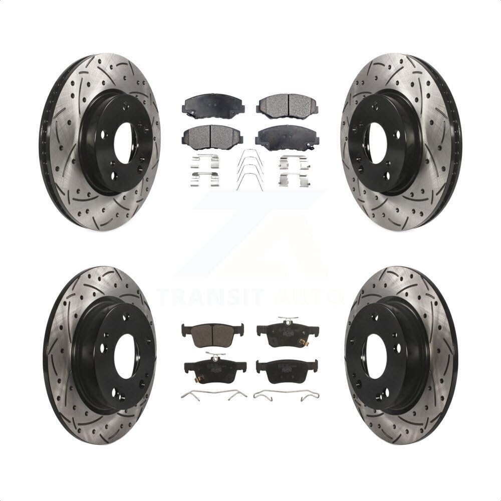 (2 Disc)Transit Auto - Front Rear Coated Drilled Slotted Disc Brake Rotors And Ceramic Pads Kit For Honda Civic KDT-100419