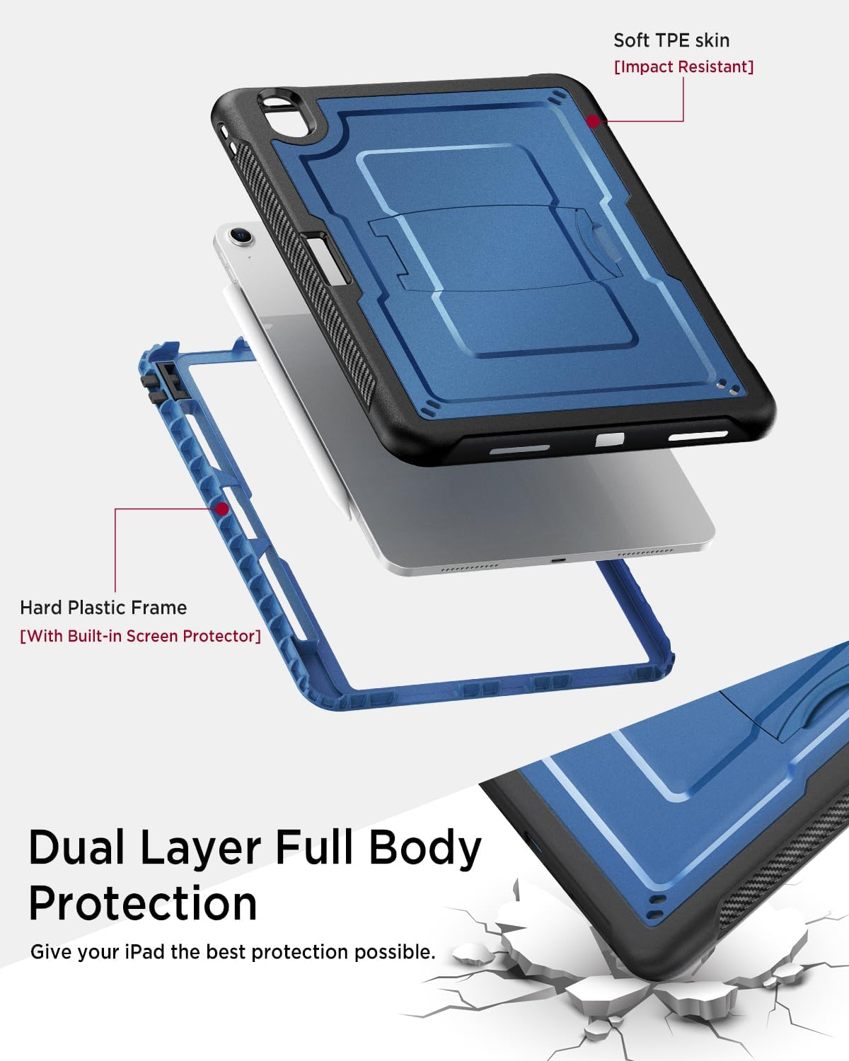 Miimall Case for iPad Air 11 Inch M3 2025/M2 2024 Pencil Holder and Crossbody Strap, Full Cover with Stand, Screen Protector, Rugged Hard PC+TPU Cover iPad Air11 Kids Pencil Holder Case, Navy Blue