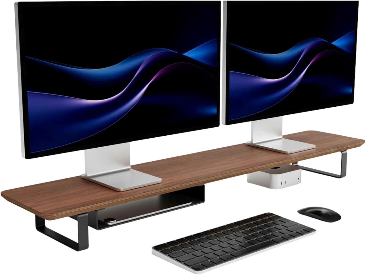 muso wood Dual Monitor Stand with Storage Shelf, 45 Inch Wooden Monitor Riser for 2 Monitors, Walnut Desk Shelf for Computer, Laptop, Screen, TV, Printer