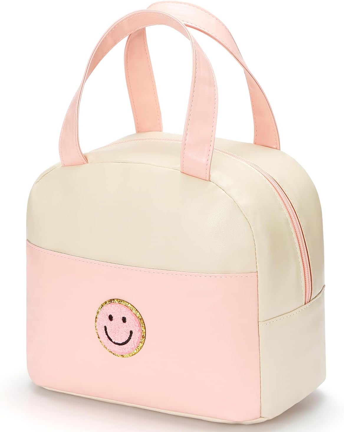 Lunch Bag for Women Large Insulated Lunch Box Reusable Lunch Tote with Preppy Soft Leather Bag for Work Picnic Travel (White&Pink)