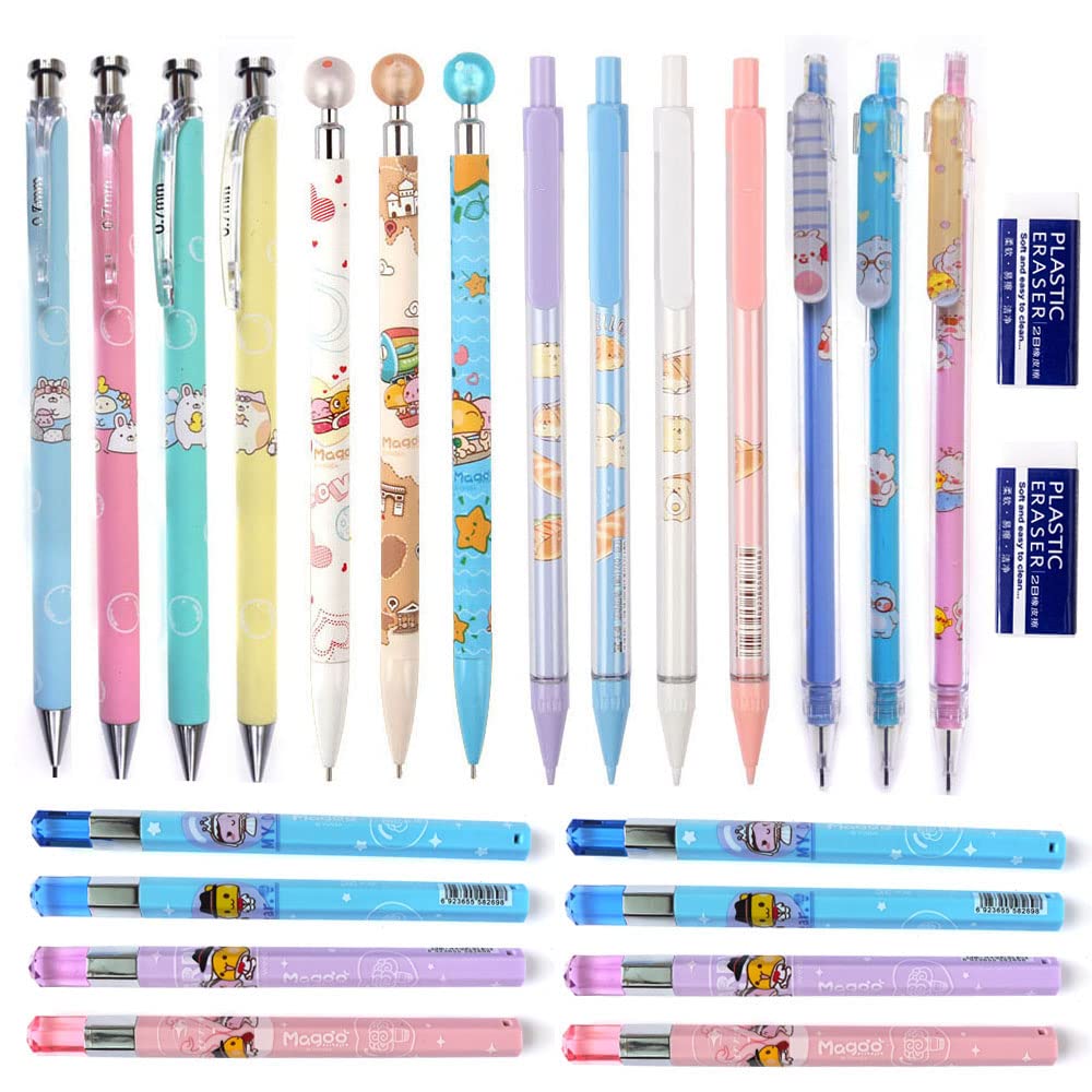 DzdzCraftsCute 0.7mm 24pcs Mechanical Pencil Set, 14PCS Mechanical Pencils and 8 Tubes Lead Refills and 2 Erasers, Stationery for Girls Students Kids School Supplies