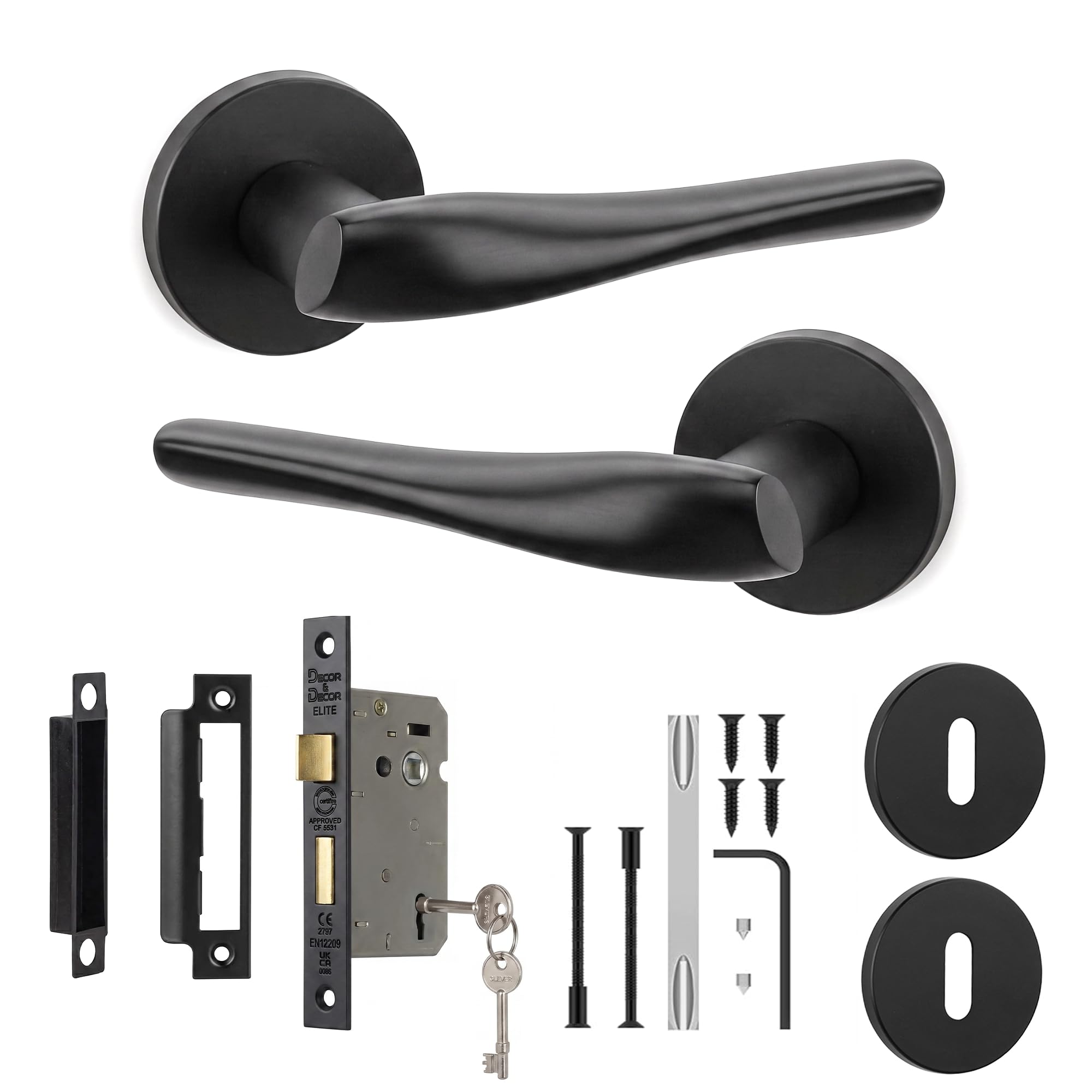 Decoranddecor Nanda Matt Black Internal Door Handles, Sash Lock Kit 64mm