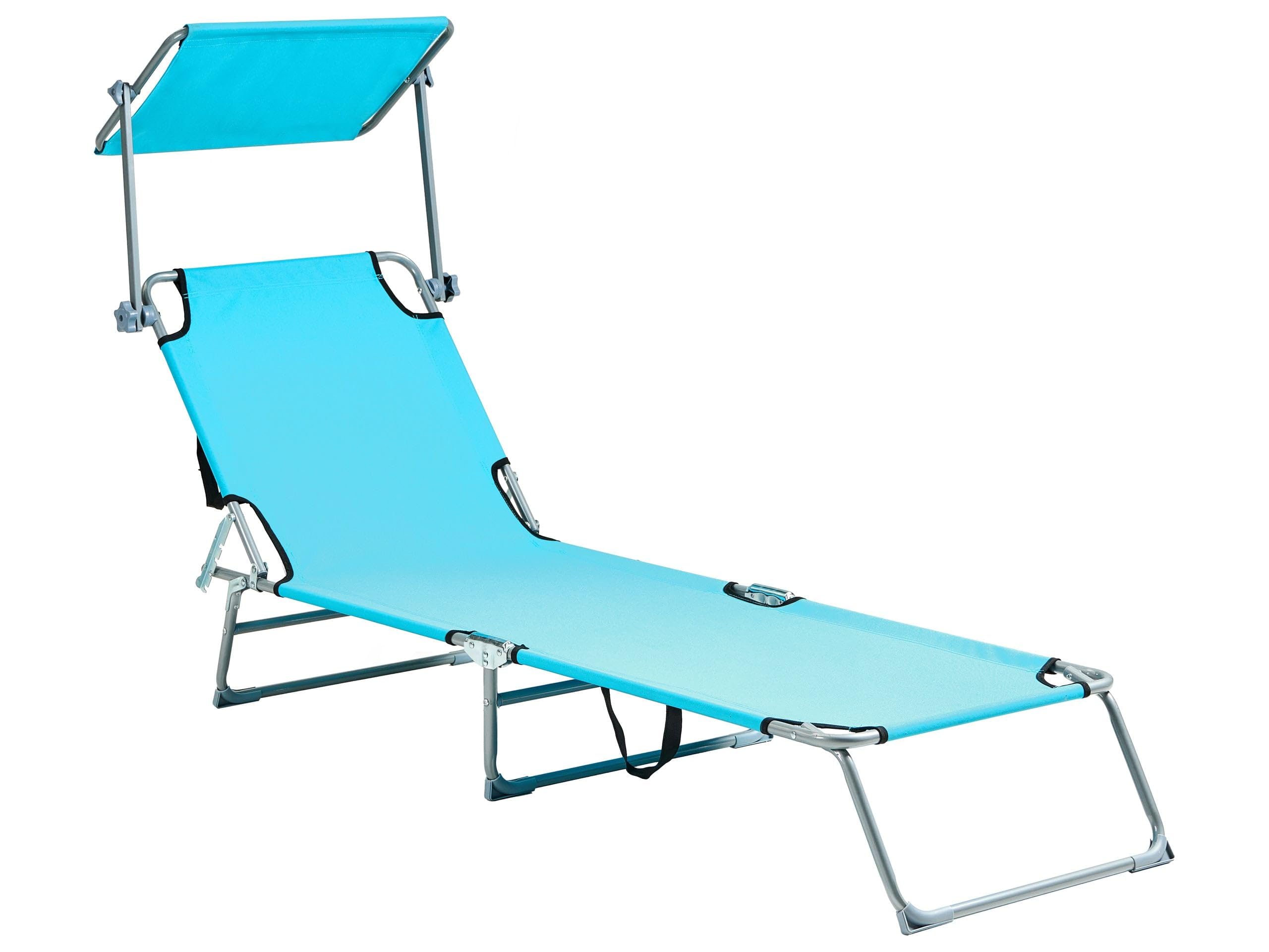 Beliani Outdoor Garden Patio Reclining Sun Lounger With Canopy Steel Foldable Turquoise, Foligno