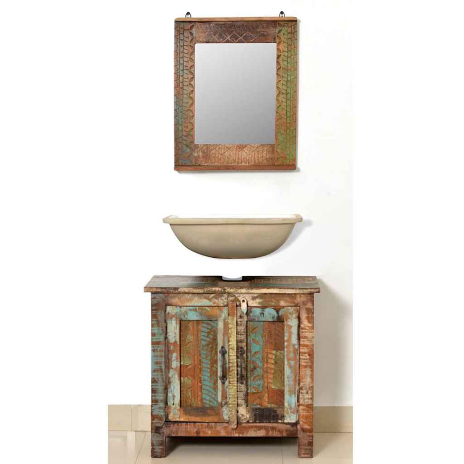 Meble łazienkowe, szafka pod umywalkę z lustrem – styl vintage, lite drewno z recyklingu, 60 x 30 x 60 cm + 45 x 55 cm, 1 zestaw do łazienki