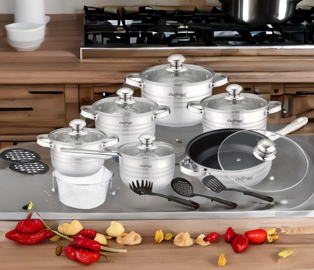 Batteria di Pentole da 18 pezzi in Acciaio Inox con Coperchi in Vetro e Acciaio Inox e Set Utensili da Cucina - Cheffinger CF-1830M