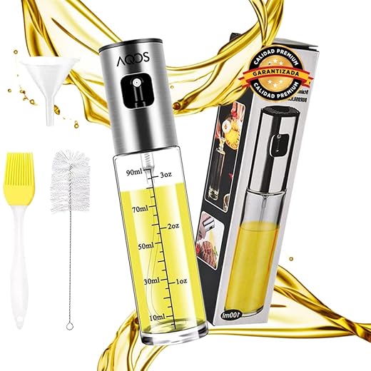 AQOS | Pulverizador aceite, spray, botella cristal 100 ml, aceite de oliva y vinagre, para freidora de aire y otros, kit con embudo, pincel silicona y cepillo limpieza.