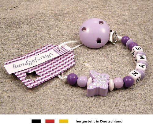 Personalised Baby Dummy Clip | Pacifier Holder with preffered Name – Girls Motif Purple Butterfly | Beststeller from Germany