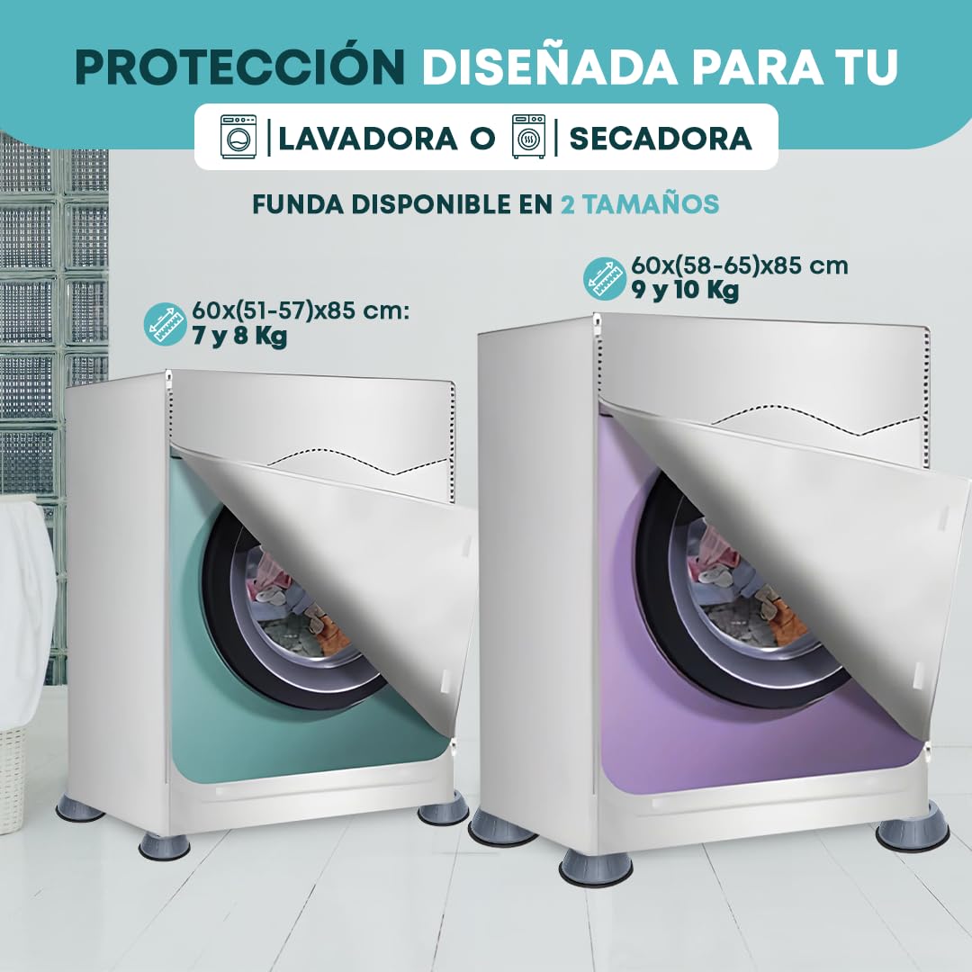 Funda Lavadora Exterior Impermeable, Soporte Lavadora, Pack Funda Lavadora Con x4 Patas Antibrivaciones, Compatible Lavadoras 7-8Kg y 9-10Kg , Protección Contra Lluvia, Sol y Reducción de vibraciones