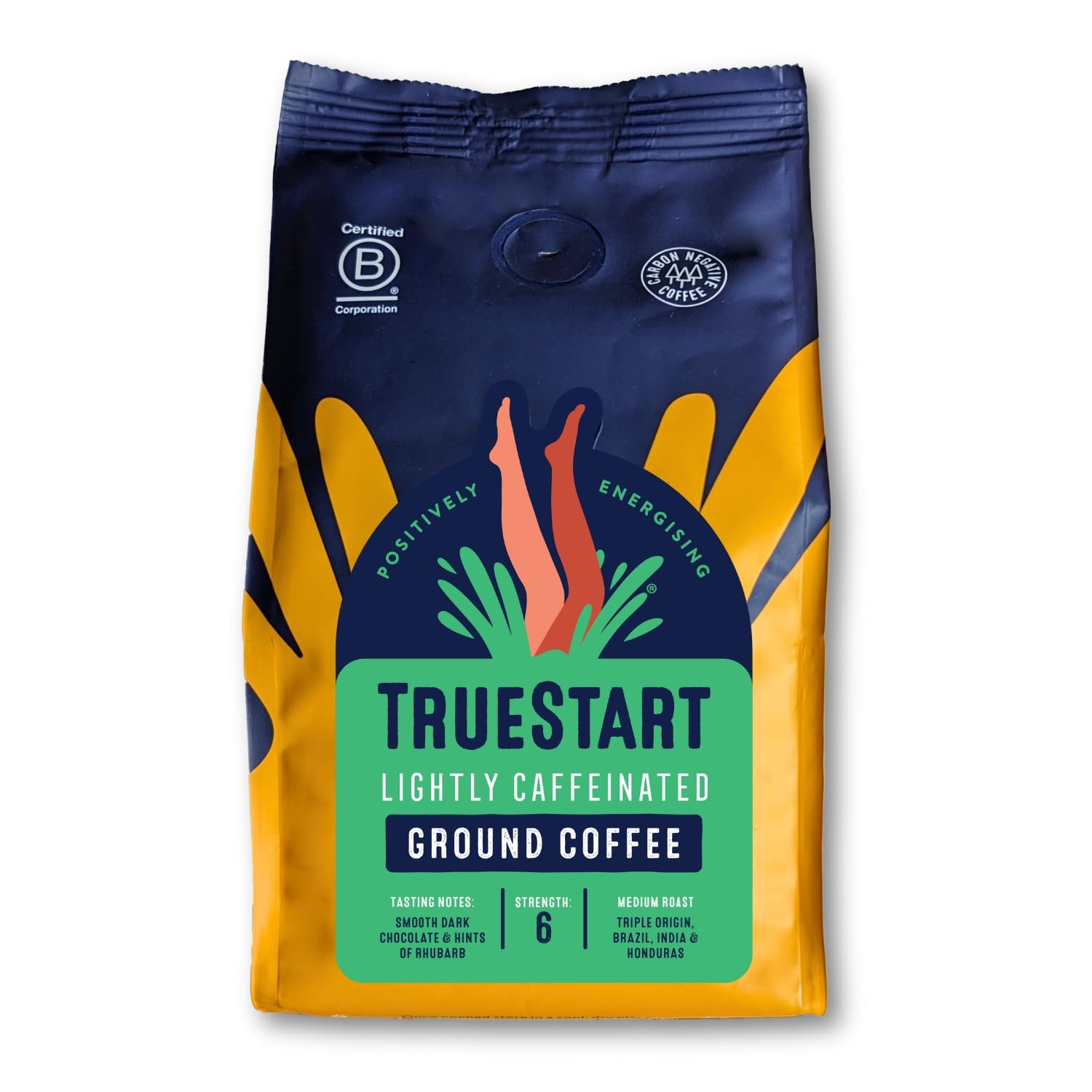 TrueStart Ground Coffee - Lightly Caffeinated - 100% Arabica, Medium Roast, Specialty Grade - Mycotoxin-Free & Antioxidant Rich Half Caf Coffee Grounds for Cafetiere, Aeropress - 200g, 1 Pack