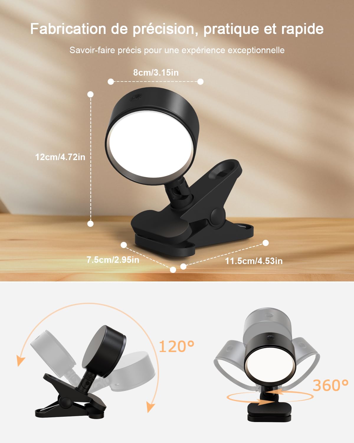 Lampe Pince Sans Fil Rechargeable Batterie 5000mAh, USB Lampe Pince pour Lit Rotation à 360° avec Télécommande et Tactile, 3 Modes de Couleur, Lampe de Chevet pour Enfants Maison Bureau Travail