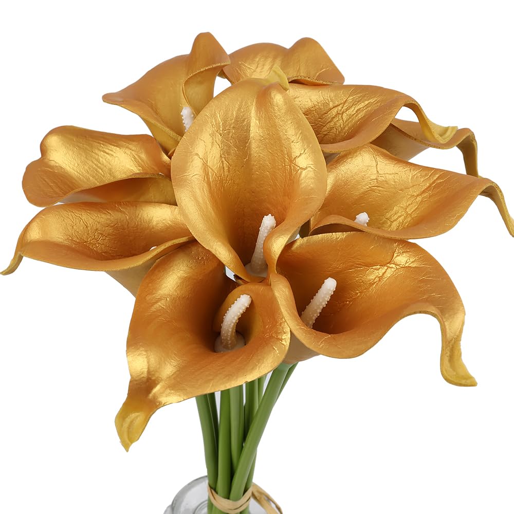 Alifst Mini Artificial Calla Lily 10 Stem Bridal Bouquets Artificial Latex Real Touch Flowers for Home Party Decor (Gold)