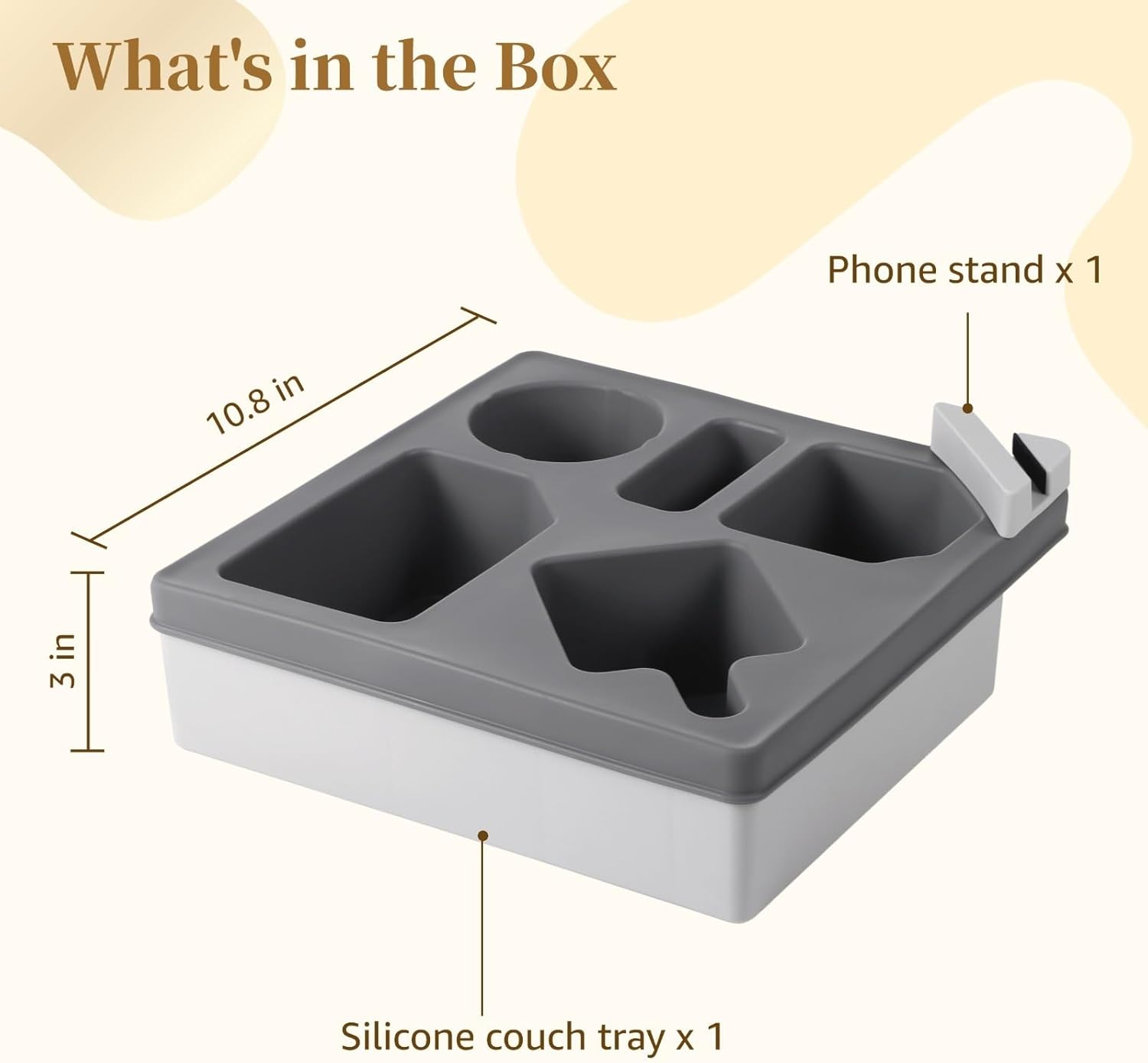 Waterproof Couch Cup Holder Tray, 10.8 X 10.8 X 3 in Silicone Sofa Organizer with Phone Stand for Drinks, Snacks, Remote, Bed Seat Accessory