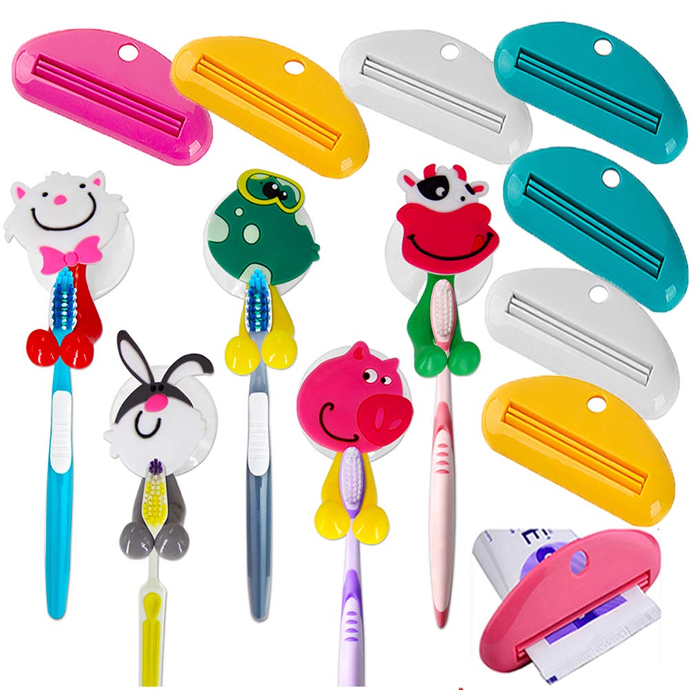 Sealive 5pcs Cartoon Kids Toothbrush Holder - 8pcs Toothpaste Tube Squeezer Dispensers Included - Animals Kids Wall Mount Toothbrush Holder Set Suction Hooks For Motivating Your Kid To Brush Teeth