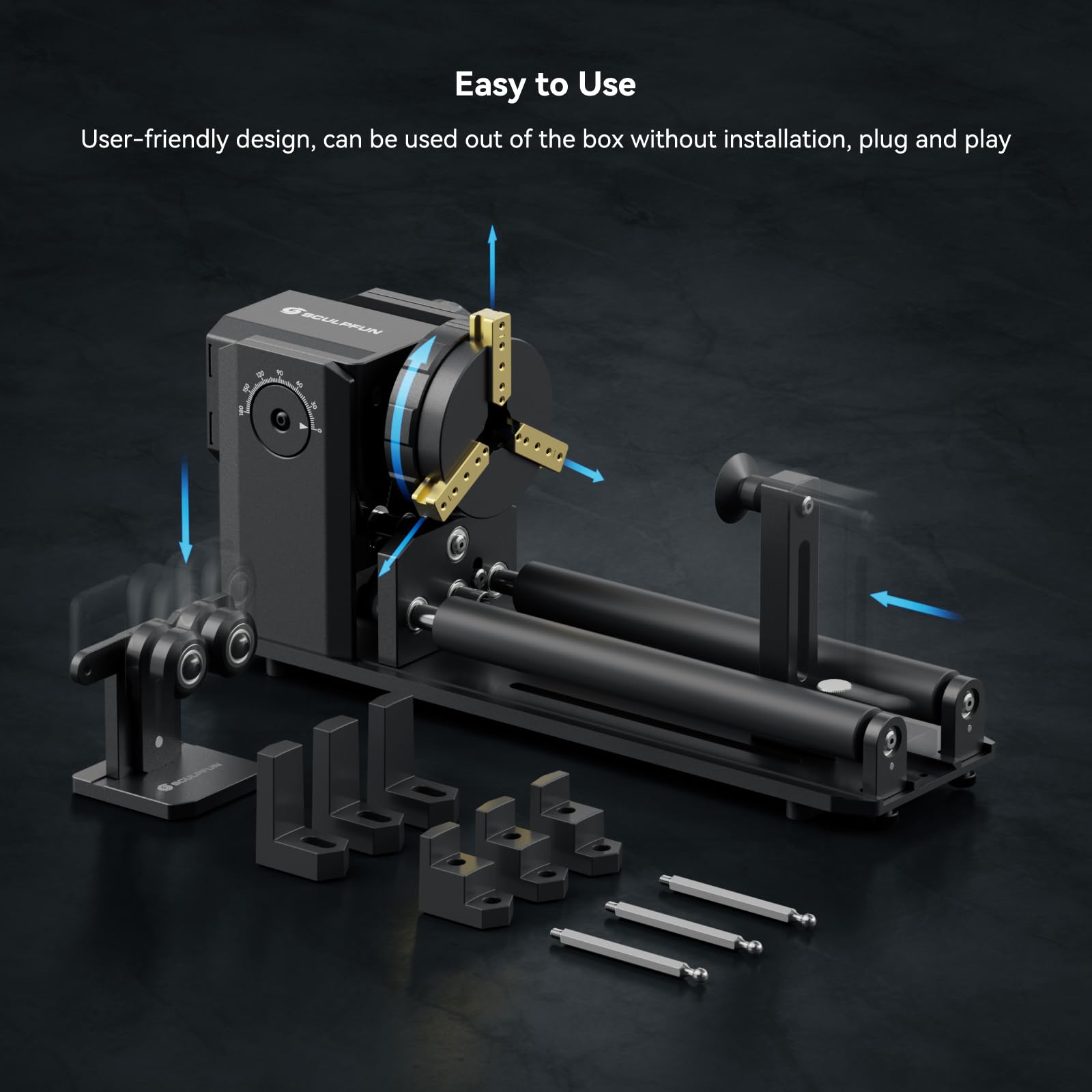 SCULPFUN RA Pro Max obrotowy uchwyt obrotowy 4 w 1 Laserowa maszyna do grawerowania laserowego regulowany kąt 180° podwójny wspornik przedłużający koło obróbka cylindrycznych obiektów