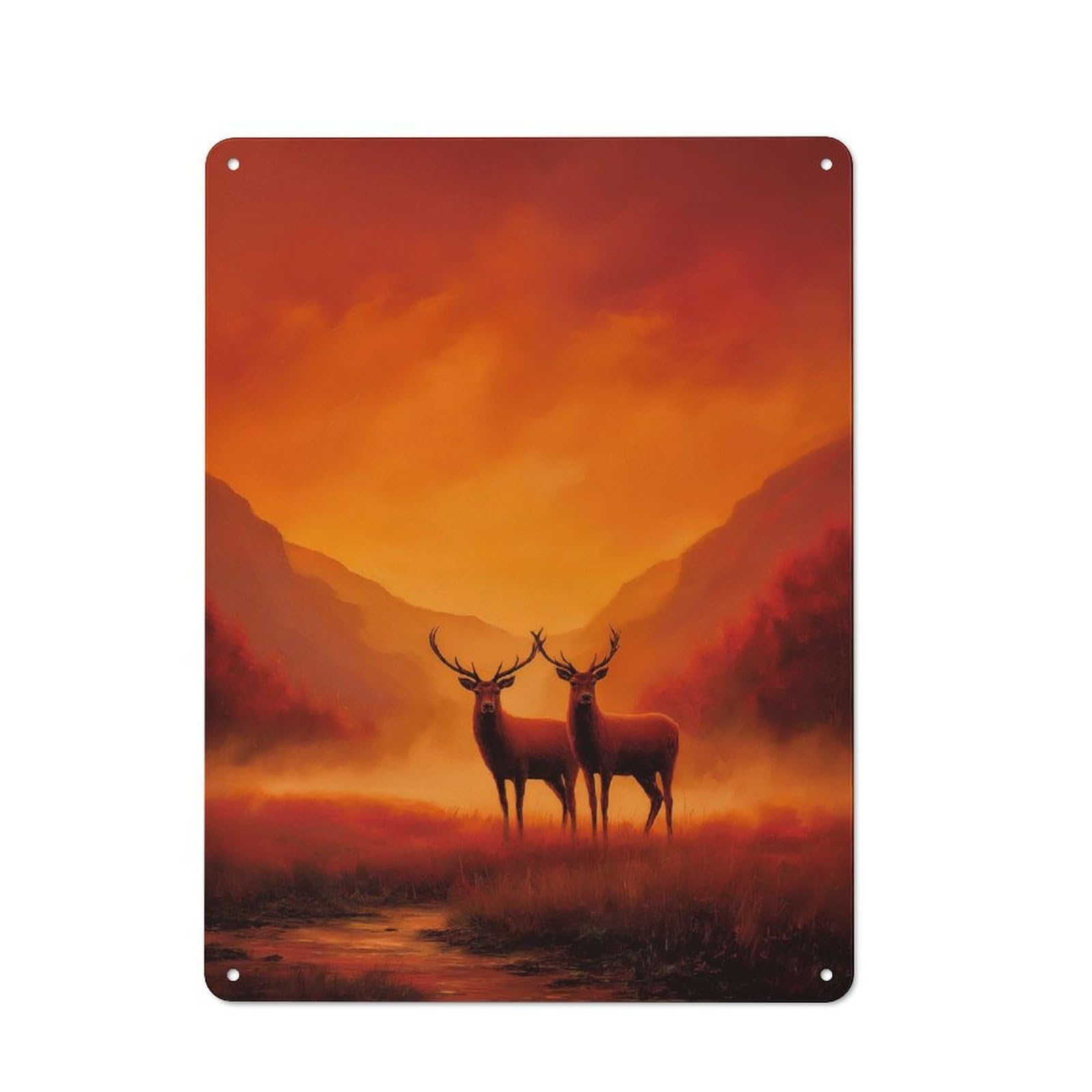 Two Deer in A Fiery Landscape Industrial Metal Sign 40x30cm, Modern Retro Loft Wall Plaque for Modern Home, Workshop, Office Or Cafe