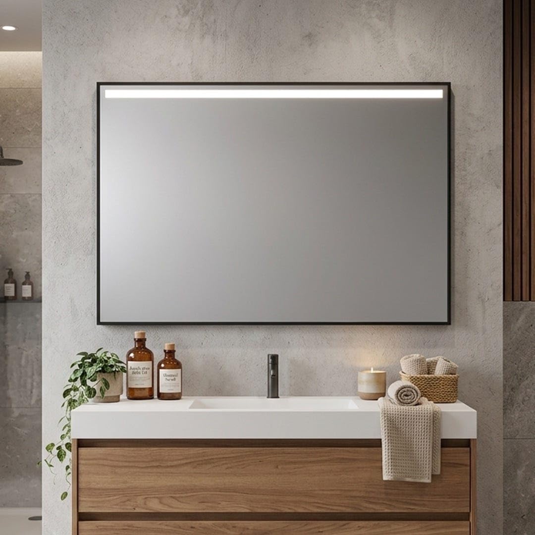 KIAMAMI VALENTINA - Badezimmerspiegel 100x70 mit schwarzem Rahmen und LED