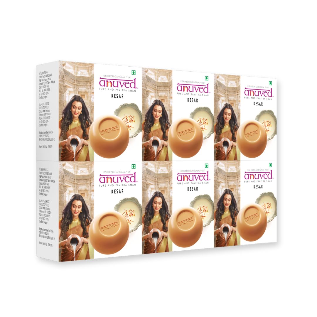 Anuved Herbal & natural moisturizing Kesar Soap | Pack of 6 | 125 Grams Each | Enriched with Rishikesh Gangajal, It contains Saffron and Milk for Smooth & Glowing Skin, Paraben Free, Cruelty Free