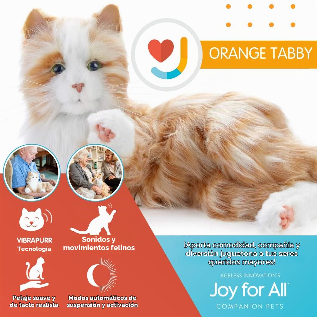 Ageless Innovation Joy for All: gato de compañía interactivo - Un acompañante realista de pelo suave y relajantes ronroneos, no necesita montaje - Naranja atigrado