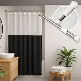 Kit Cortina Box Banheiro com Varão Extensor Ajustável 70cm a 1,20m, Cor Preta, PVC e Inox, Inclui Cortina 1,35m x 2,00m e Ganchos