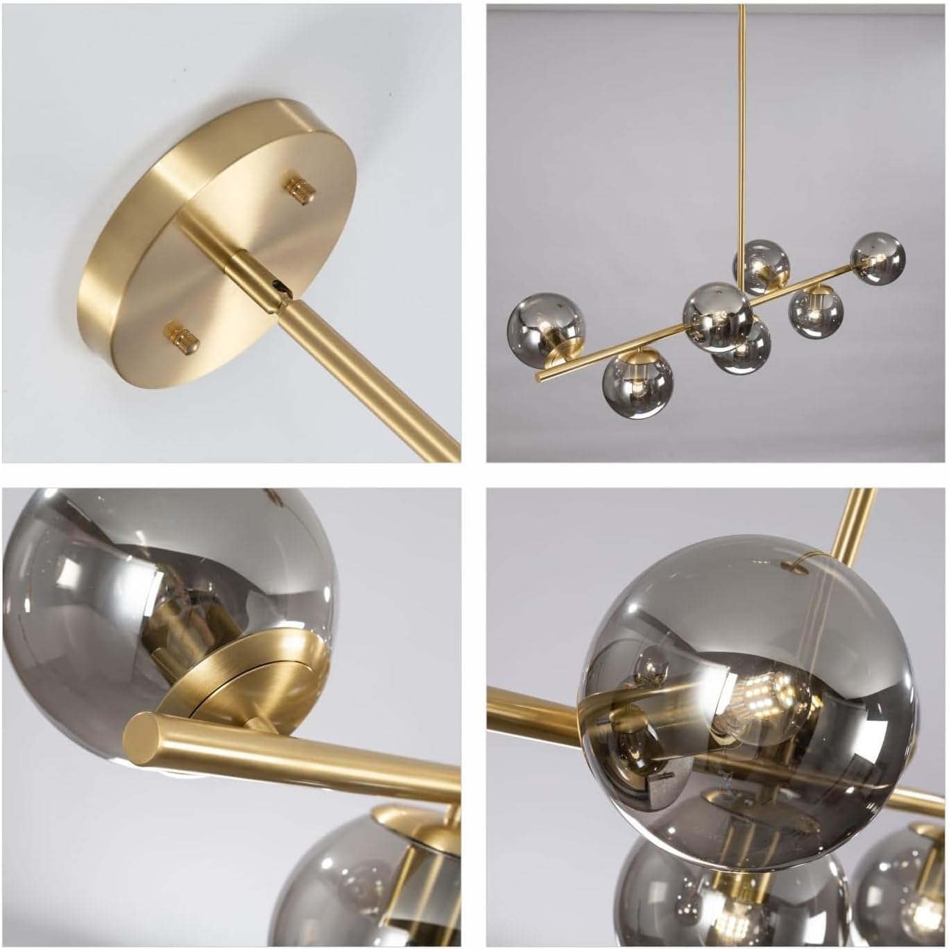 KCO Lighting Mid Century Modern Globe Sputnik Chandelier Gold Brass Linear Pendant Hanging Light Fixture 7-Light Smoke Glass Sphere Chandelier Kitchen Island Dining Room Chandelier