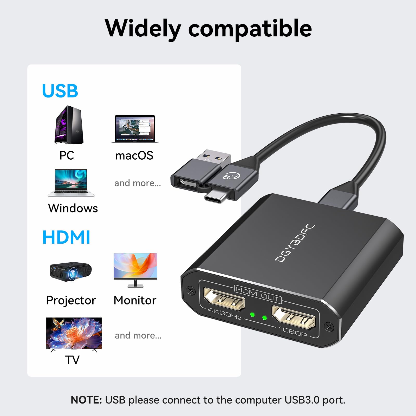 Adaptador USB 3.0 a HDMI 1 Entrada 2 Salidas Pantalla Extendida Monitores Duales USBA/USBC a 2 HDMI Splitter 4K 30Hz+1080p 60Hz Para Portátil MacOS Soporta Modo MST/SST con Cable USBA/C a USBC