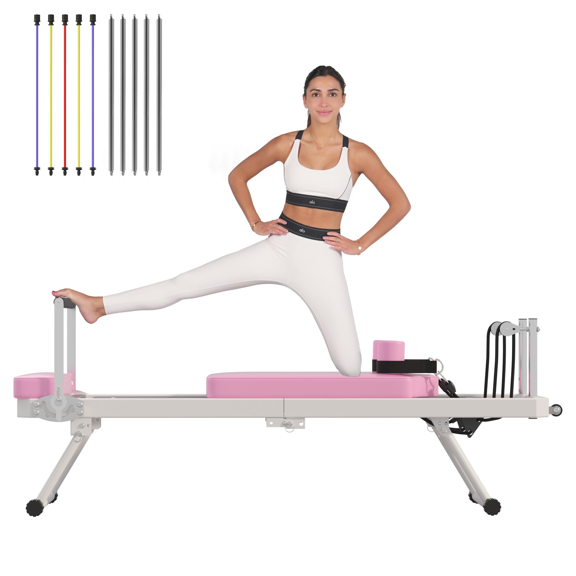 DlandHome Pilates Reformer Machine Foldable Pilates Board for Home Gym Workout Portable Pilates Reformer for Beginner Pink White