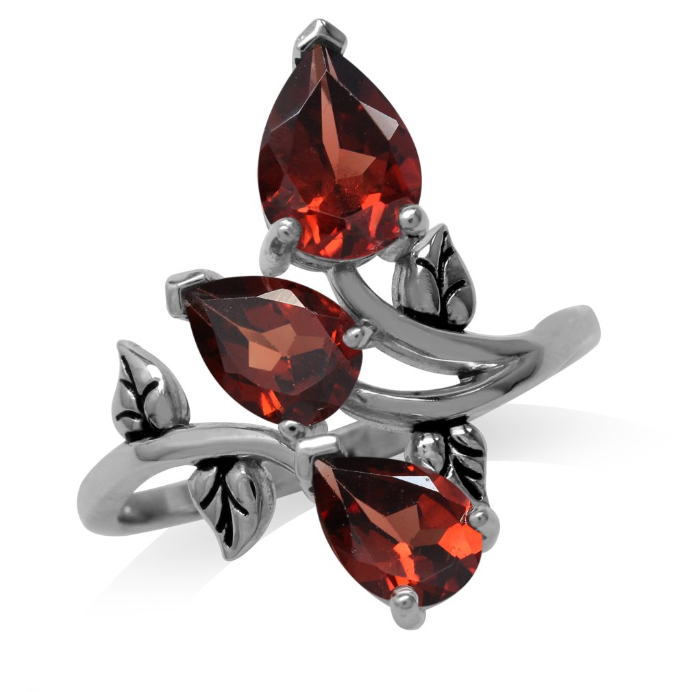 Silvershake2.85ct. 3 Stone Natural Garnet 925 Sterling Silver Bypass Leaf Ring