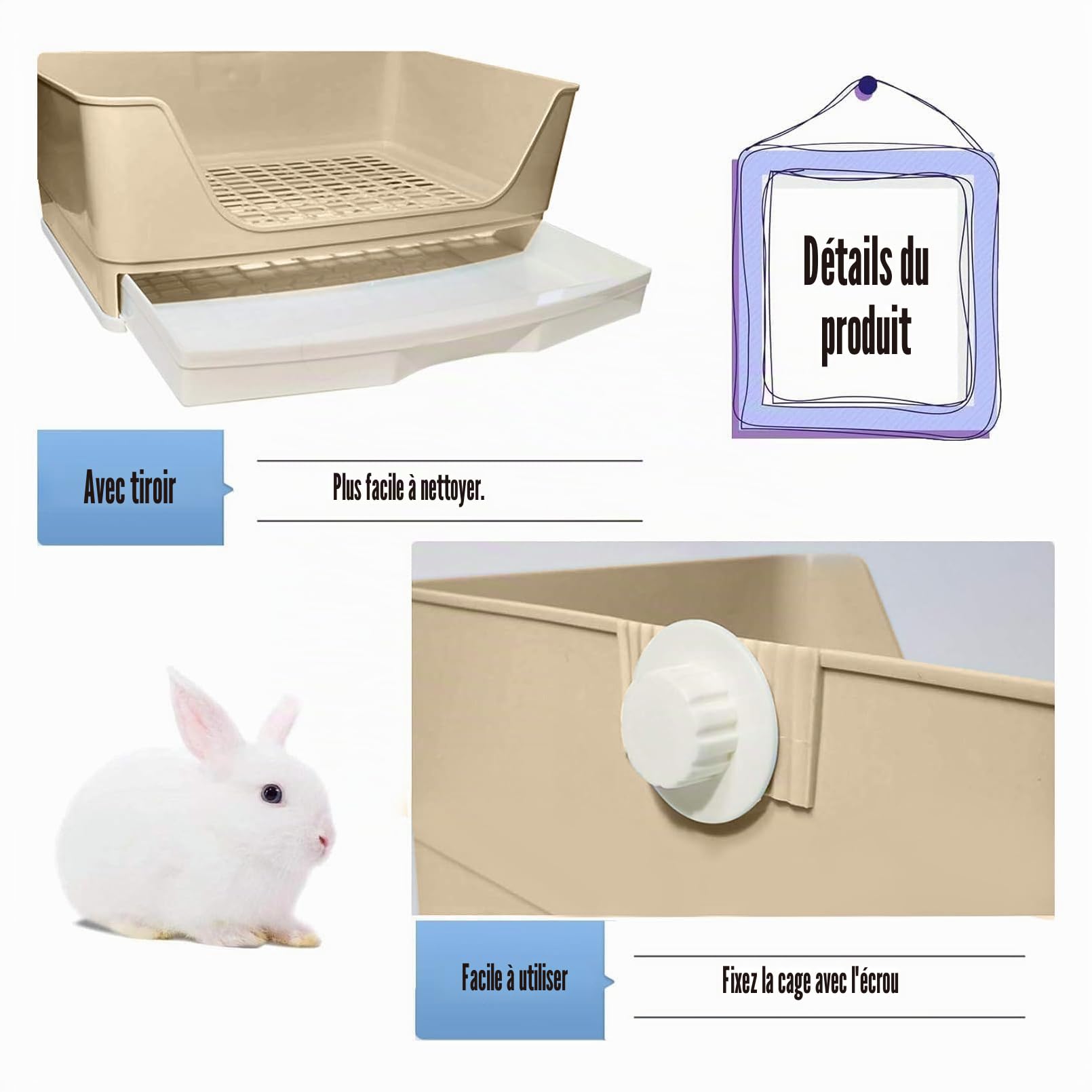 kathson Grand bac à litière pour Lapin, Toilettes d'angle avec tiroir pour Hamster, Cochon d'Inde, Furet, galesaur, Lapin et Autres Animaux (Marron)