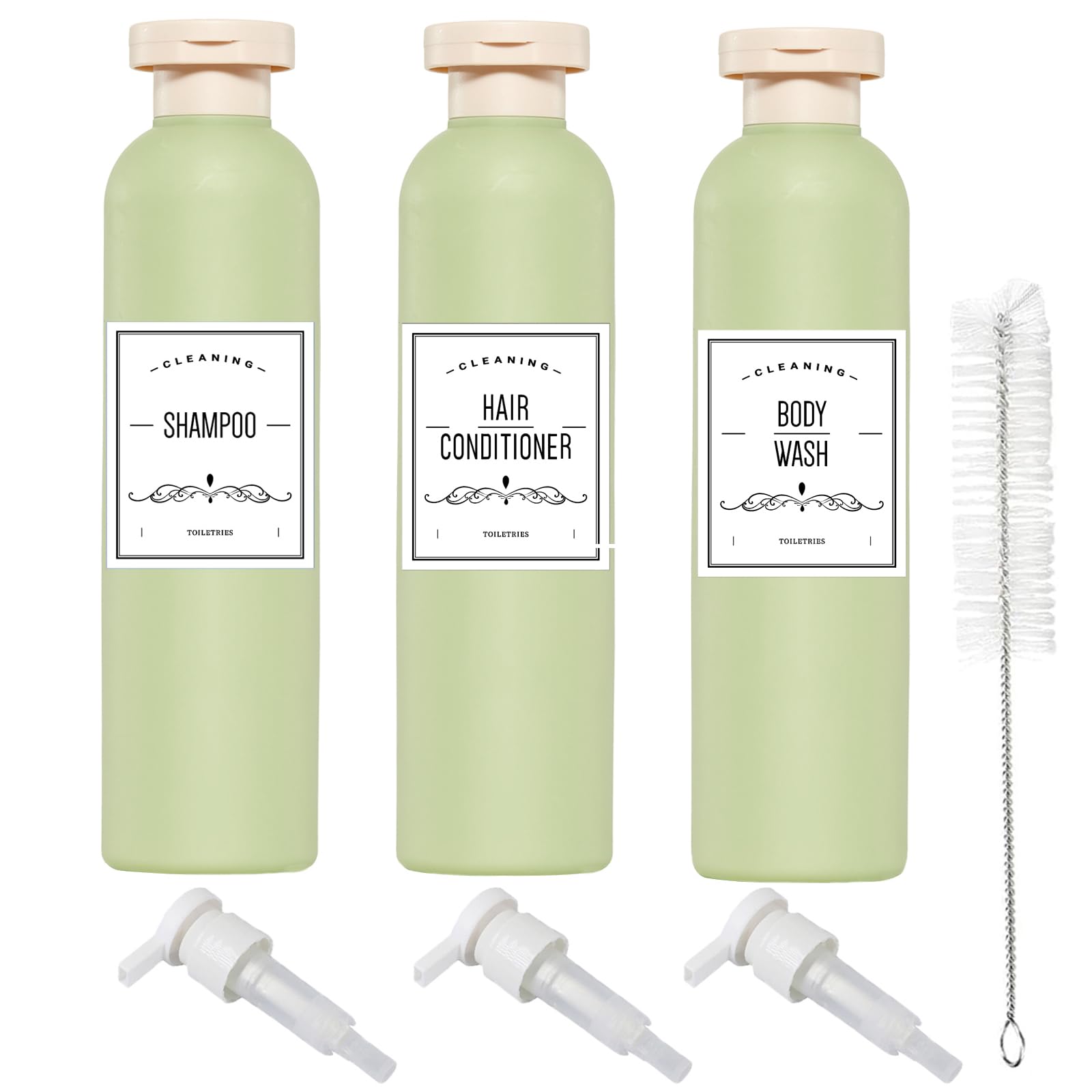 Qeuly Squeeze Bottles with Pump Dispenser and Flip Cap, 8.8 oz Refillable Travel Containers for Toiletries, Plastic Travel Shampoo and Conditioner Bottles (Green 260)
