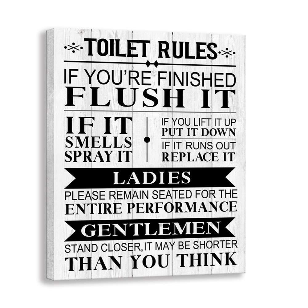 HGETJOHXEM Rustic Farmhouse Bathroom Sign - Funny Toilet Rules Framed Canvas Art with Wood Background, Powder Room or Guest Bath Decor(Framed,12x18inch(30x45cm))