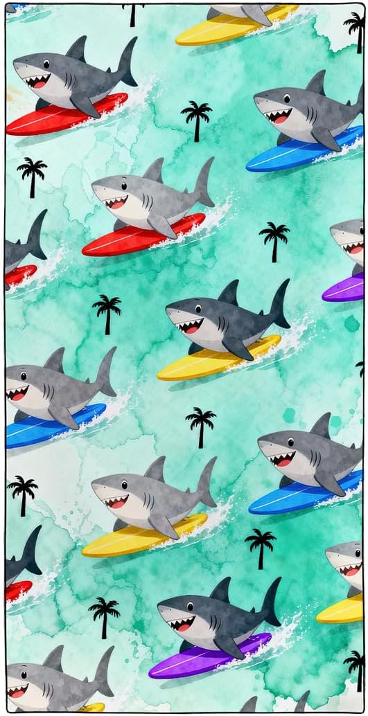 Surfboard Shark Beach Towel, 36"x72" Sand Free Quick Dry Thin Lightweight Microfiber Palm Tree Towel for Beach