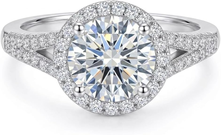 925 Sterling Silver Moissanite Halo Engagement Ring, Round Cut Lab Grown Diamond, Rhodium Plated, 1.5ct Center Stone