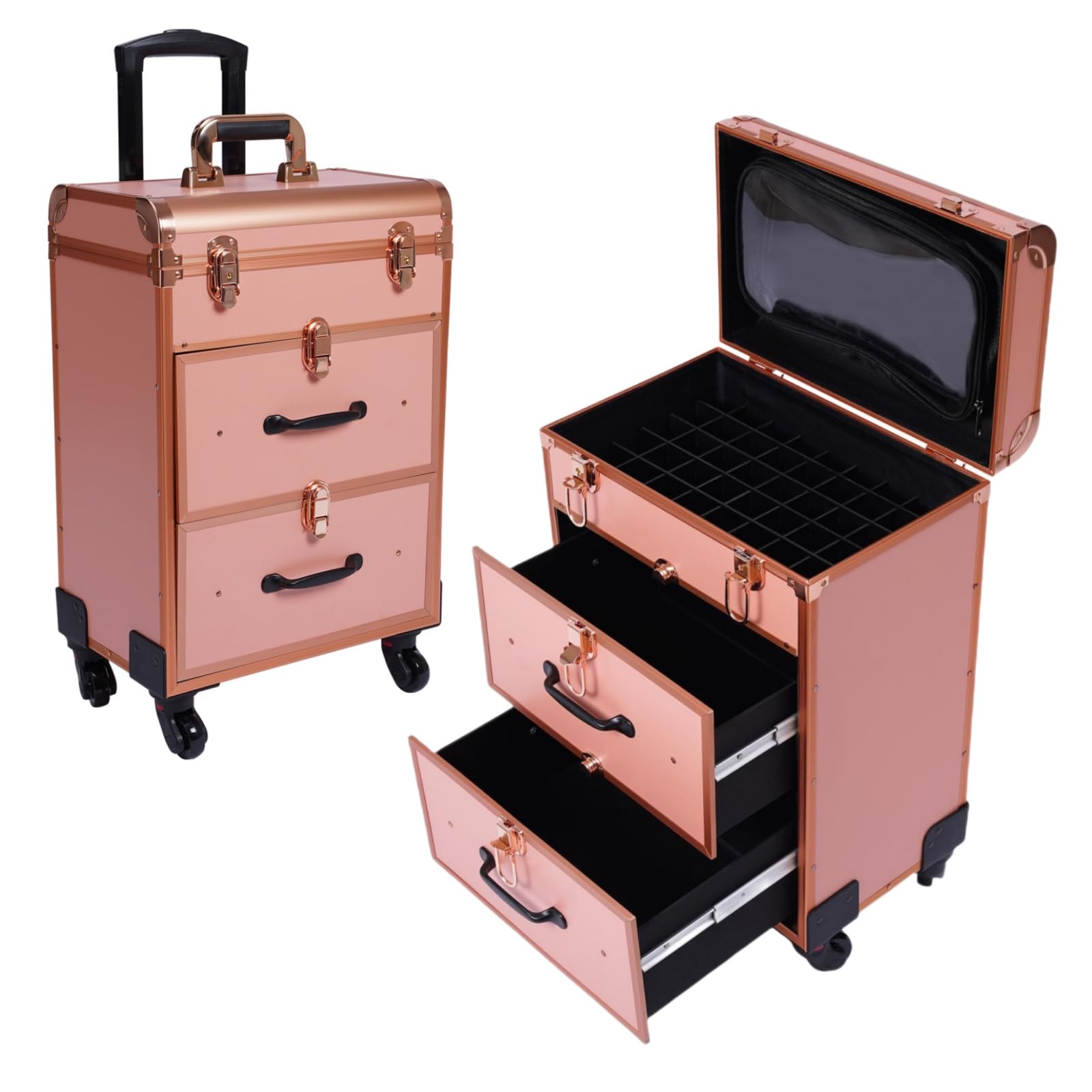 Kosmetikkoffer Trolley mit Schublade, Professionell Trolley Schminkkoffer Nagelkkoffer, Groß Abschließbar Schminkkoffer Damen mit Rollen für Reise Kosmetikerin Friseurerin (Gold)
