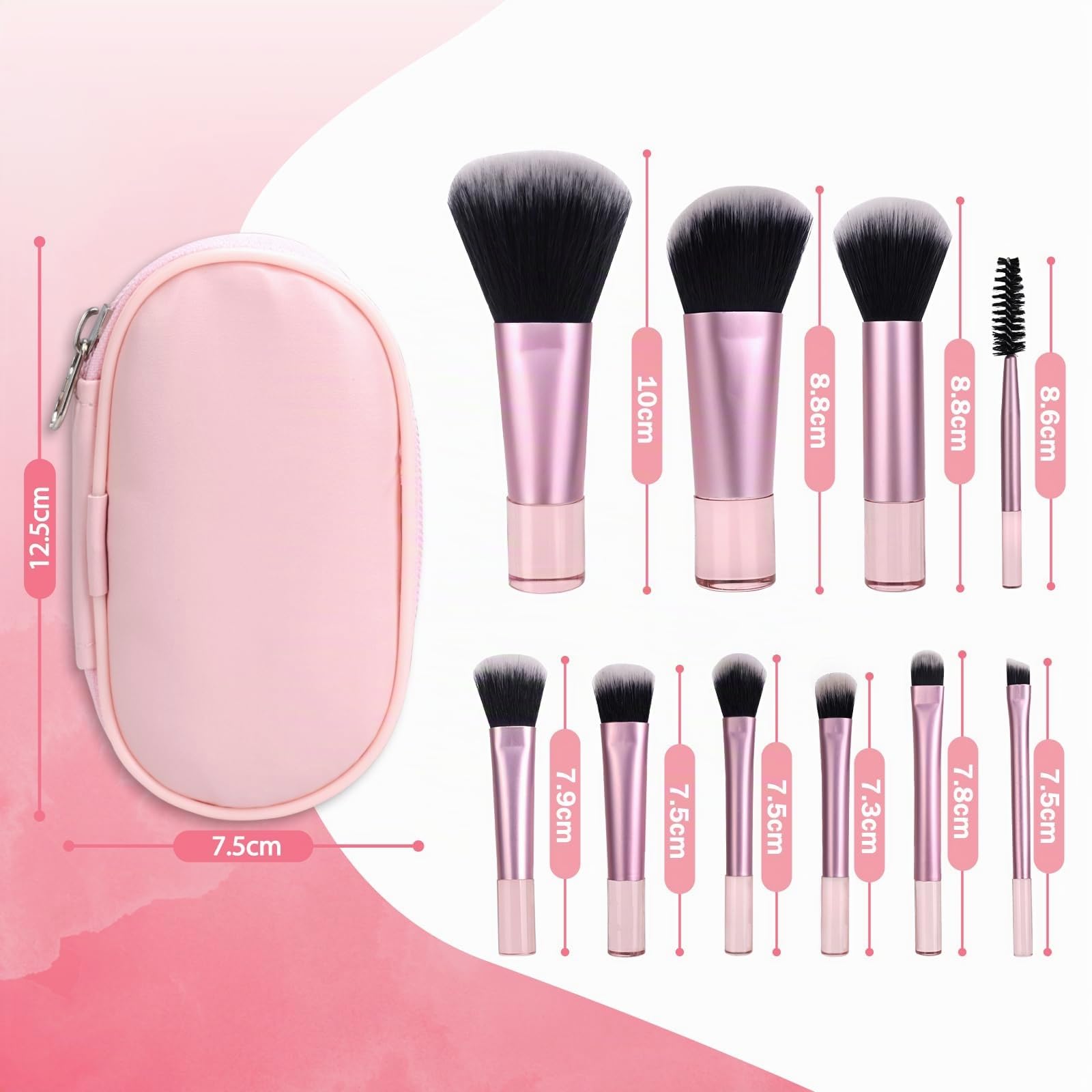 Lot de 10 Pinceaux de Maquillage de Voyage, Mini Pinceau de Maquillage Avec Sac PU, Set de Pinceaux Cosmétiques, Set de Pinceaux de Maquillage Portable (Rose)