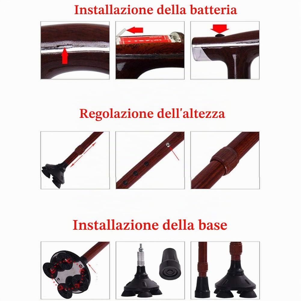 Bastone da passeggio, retrattile, multifunzione, con luce, per anziani, antiscivolo, quadripode, leggero, batterie non incluse b